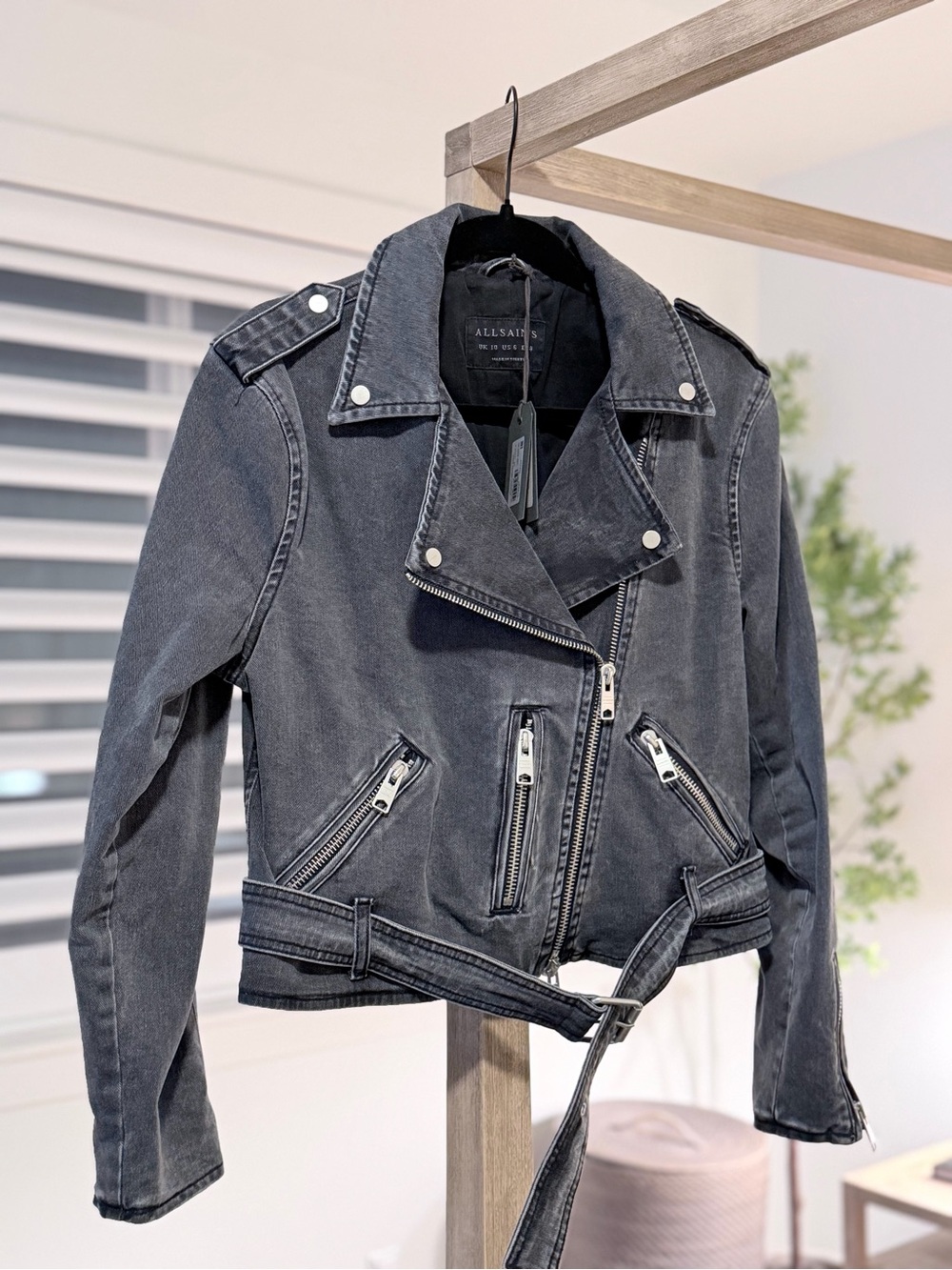All Saints Women's Washed Black Denim Biker Jacket